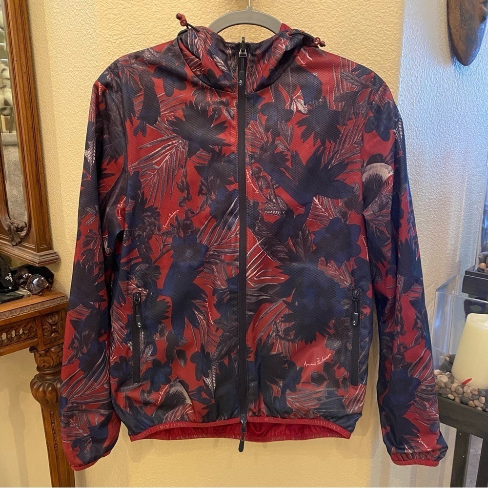 A/X ARMANI EXCHANGE Men Red Black Floral Reversible Bomber Hooded Jacket-Small